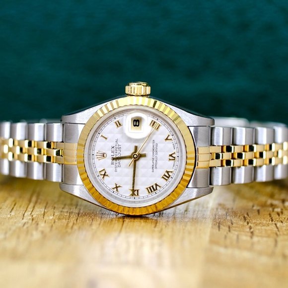 ROLEX DATEJUST CREAM PYRAMID ROMAN DIAL 18KY FLUTED JUBILEE TWO-TONE WATCH 69173 - Picture 9 of 9